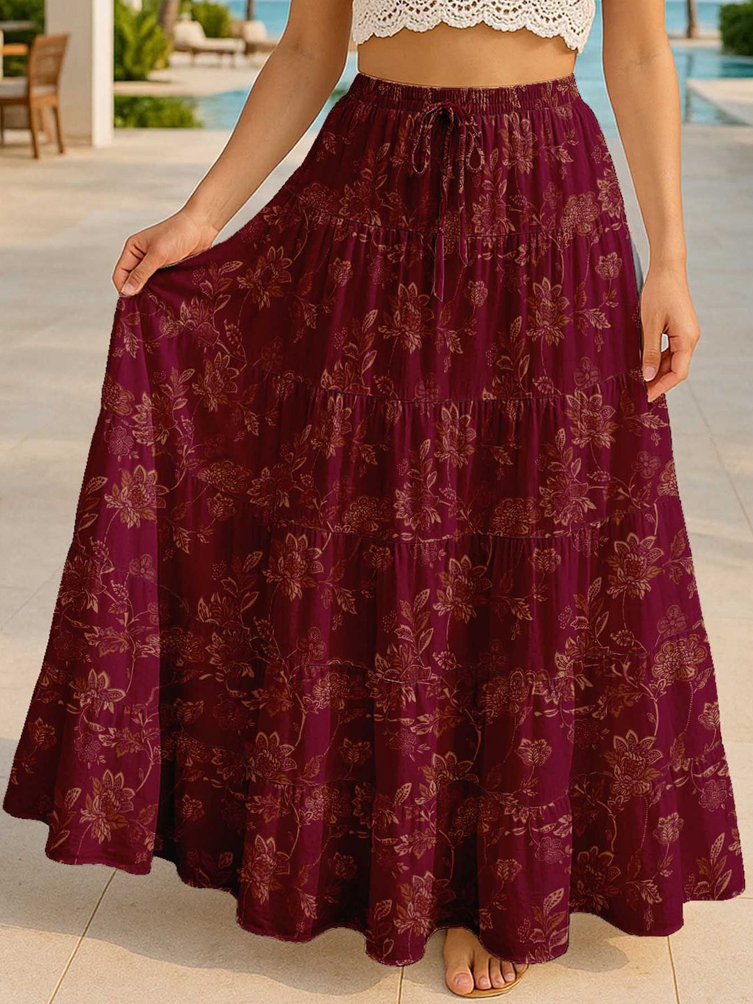 Moomaya Women Floral Printed Pure Cotton Tiered Maxi Skirt-picture-57
