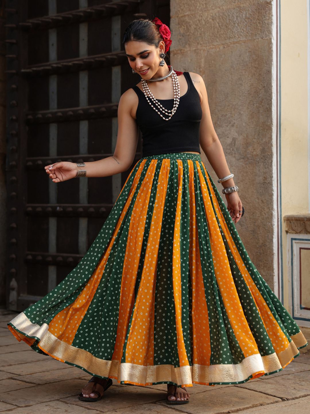 anayna Bandhani Printed Flared Maxi Skirt-picture-12