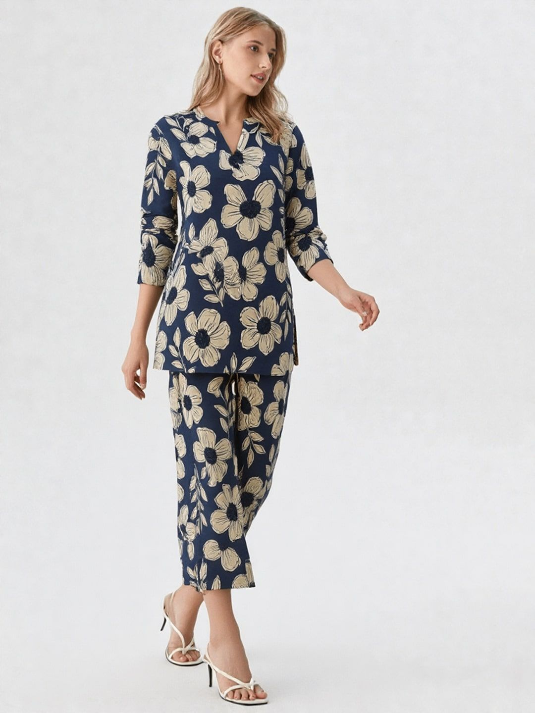 GAB Printed V-Neck Pure Cotton Tunic With Trouser
