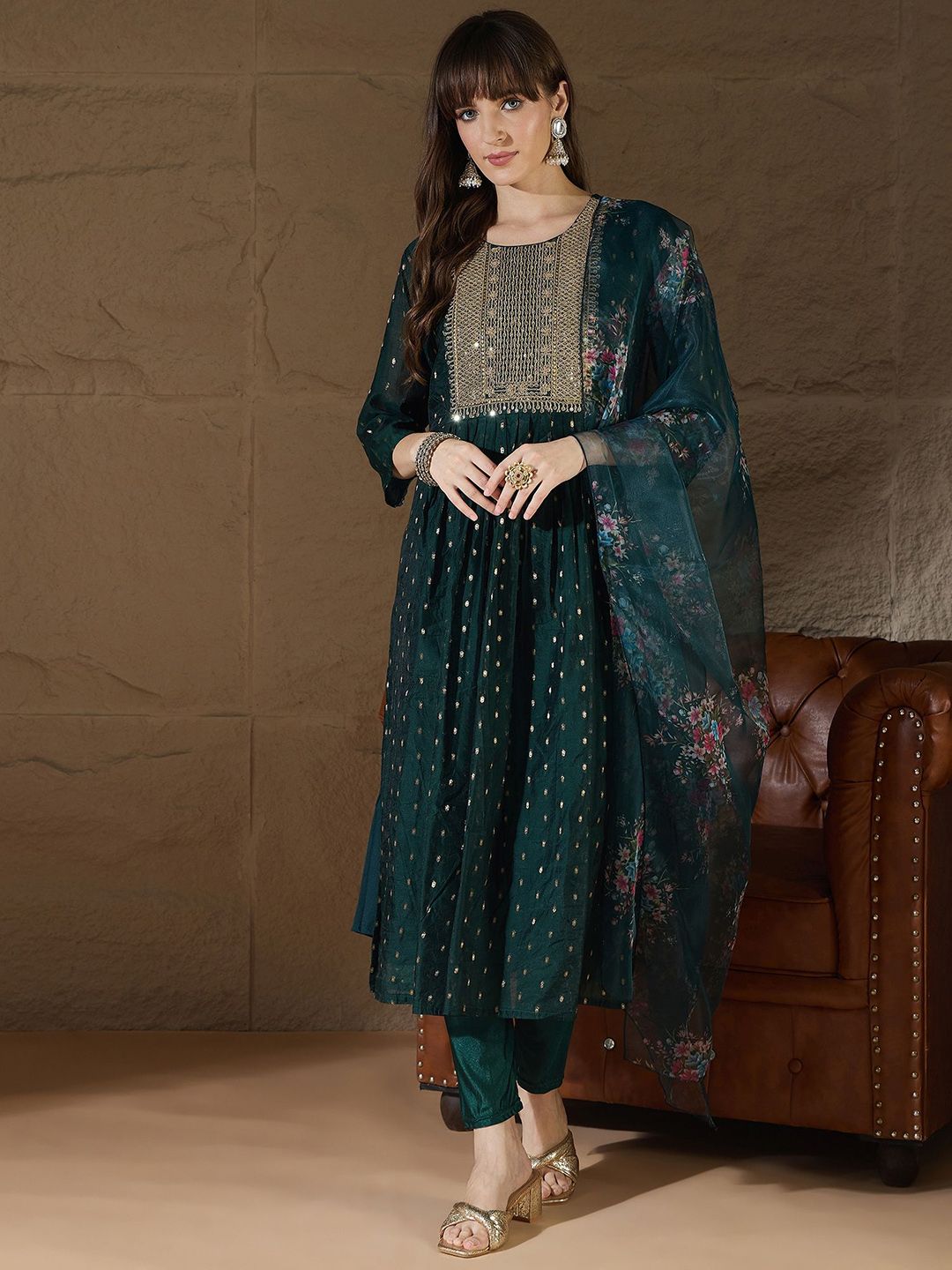 VredeVogel Women Ethnic Motifs Embroidered Anarkali Kurta with Trousers & Dupatta-picture-35