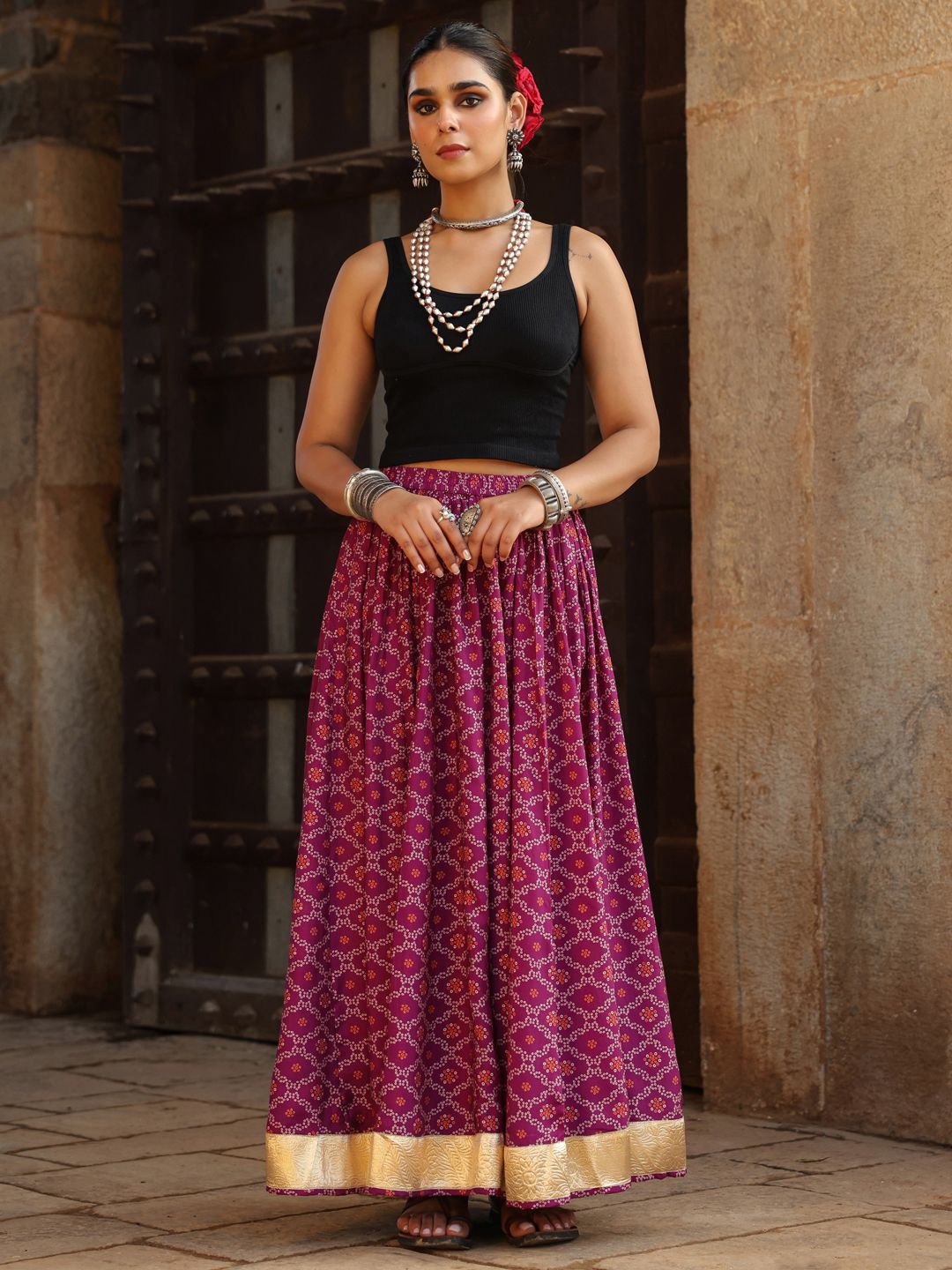 anayna Bandhani Printed Cotton Flared Maxi Skirt-picture-28