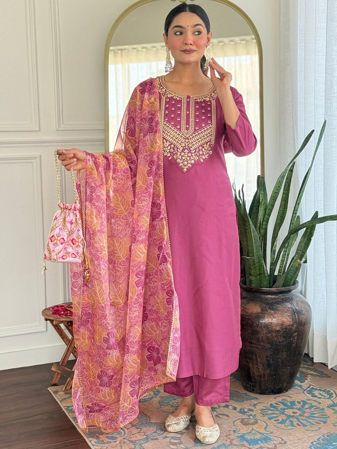 KALINI Women Pink Ethnic Motifs Embroidered Kurta With Trousers & Dupatta