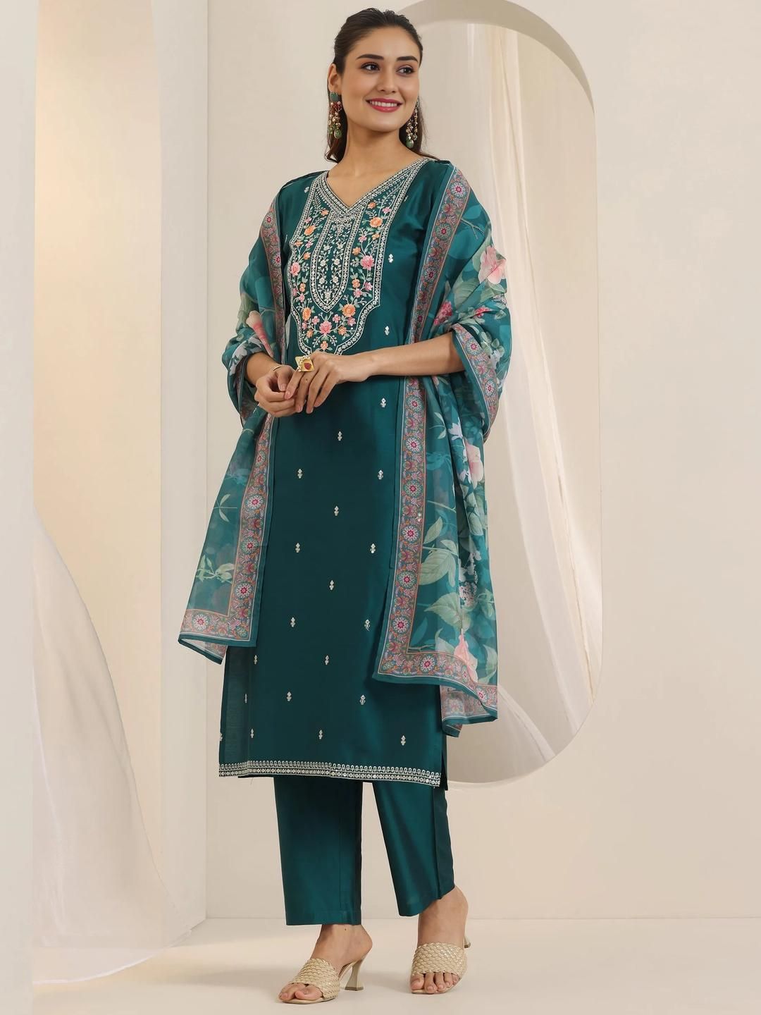 KALINI Women Green Floral Embroidered Silk Kurta With Trouser & Dupatta-picture-27