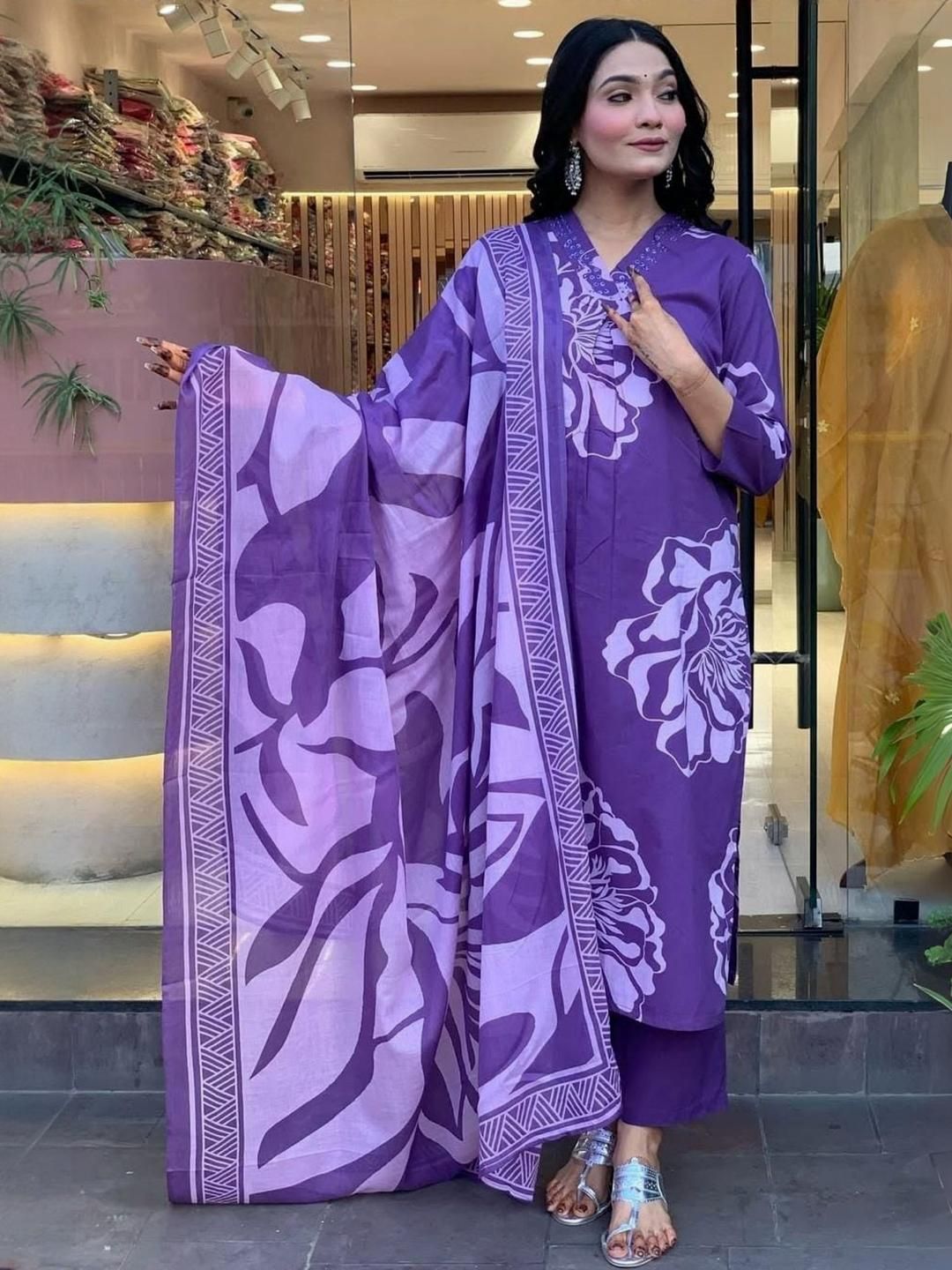 KALINI Women Cotton Round Neck Straight Printed Kurta Sets