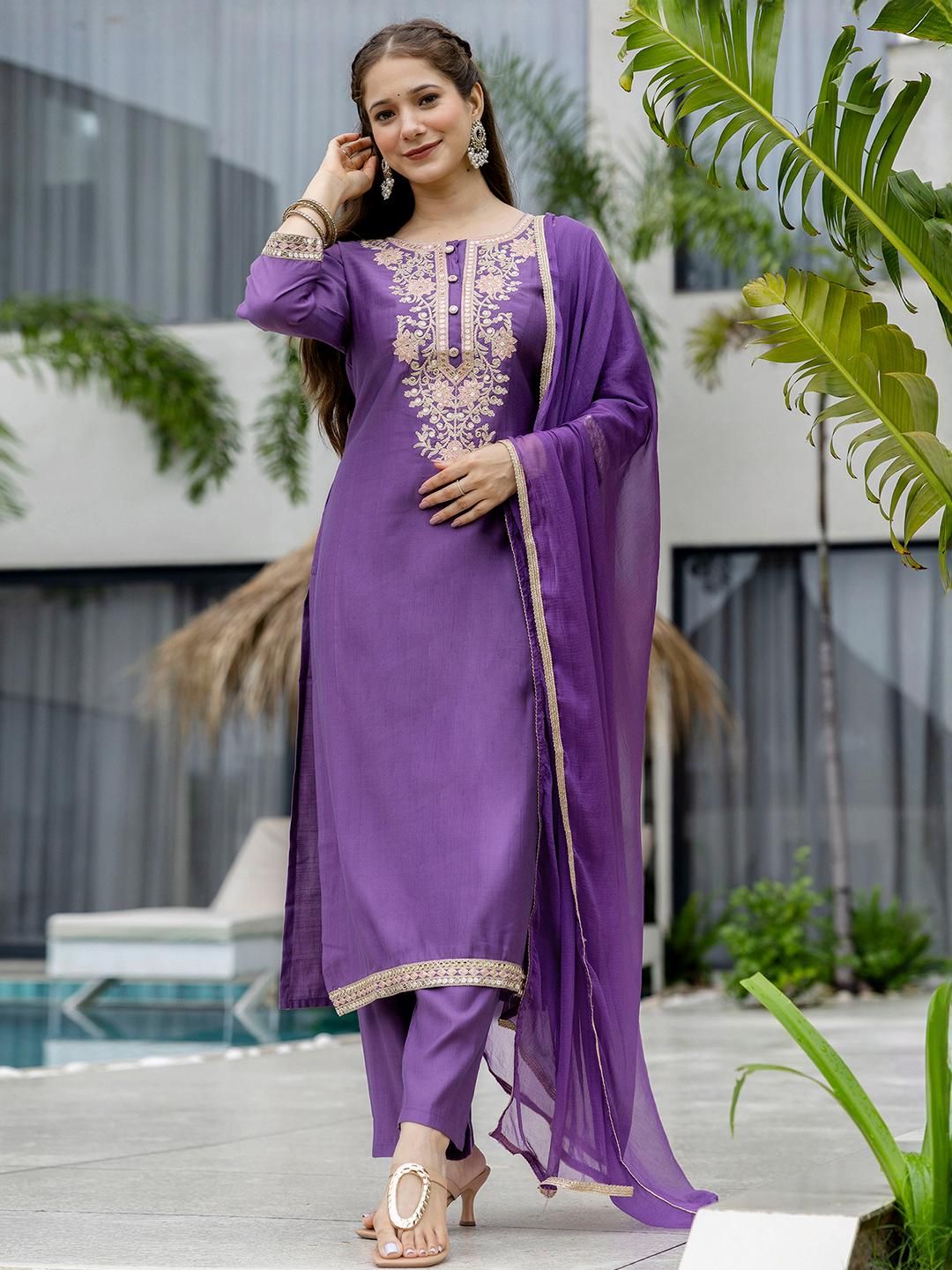 SANISA Women Lavender Ethnic Motifs Embroidered Round Neck Regular Sequinned Kurta Sets