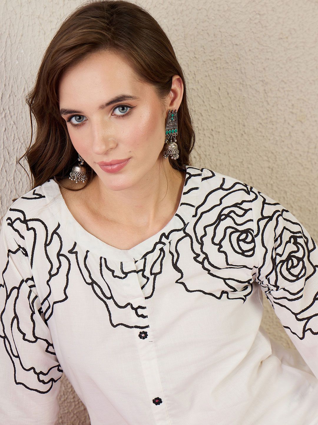 Indo Era Women Ethnic Motifs Printed Regular Mirror Work Pure Cotton Kurta Trousers