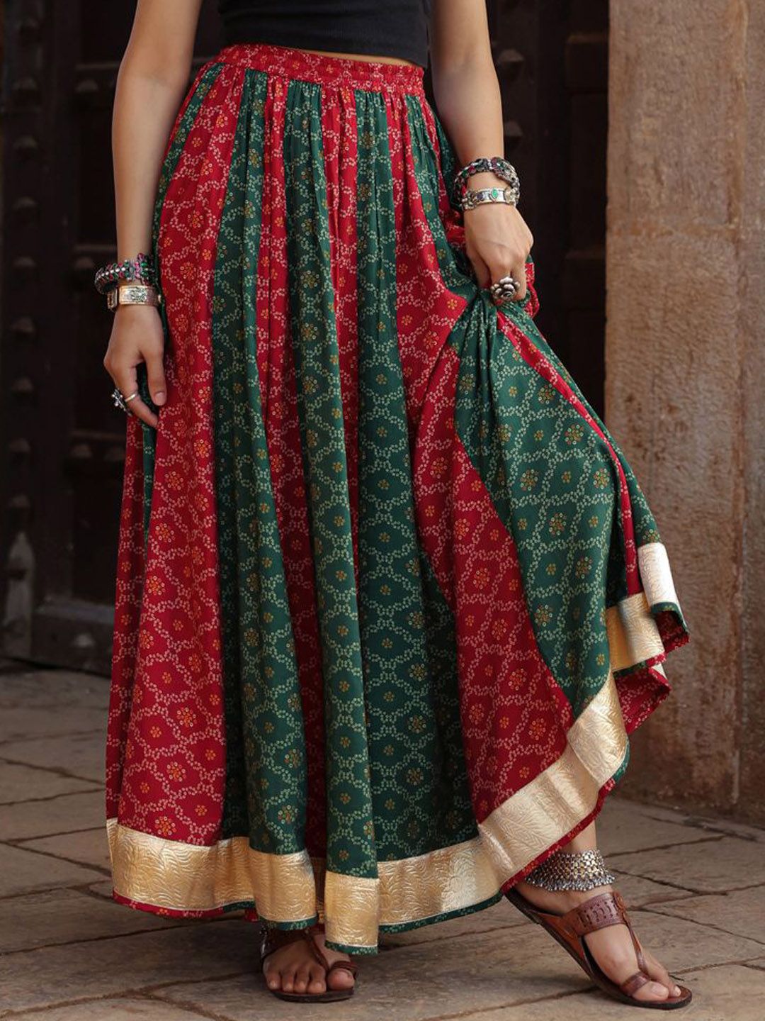 anayna Bandhani Printed Flared Maxi Skirt-picture-37