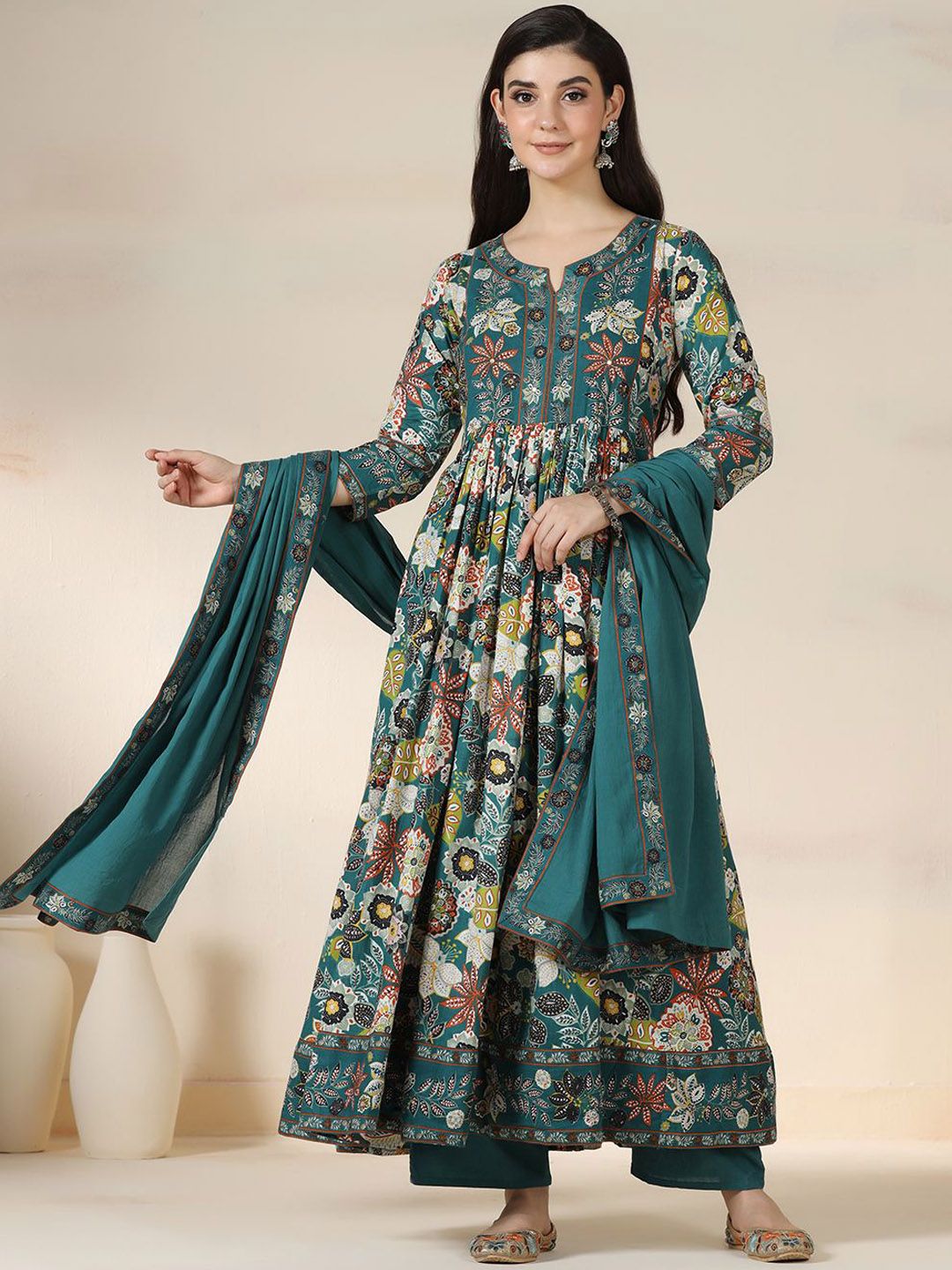 Mizaz Women Floral Printed Mirror Work Pure Cotton Kurta with Trousers & With Dupatta