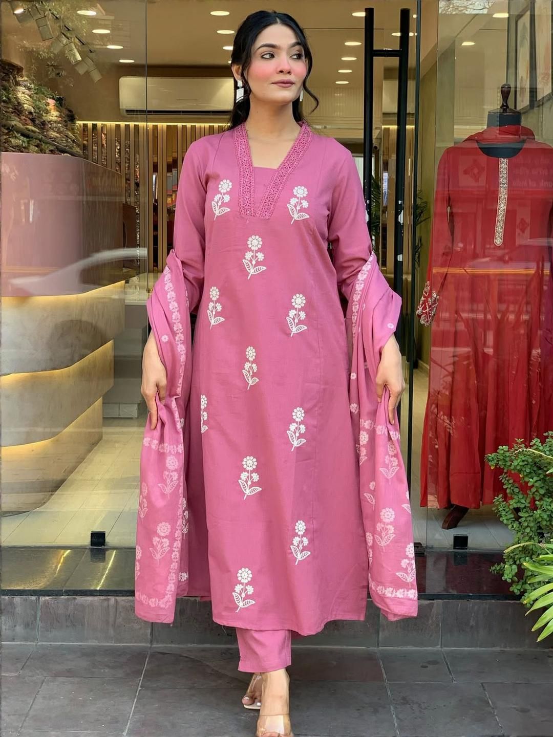 KALINI Women Pink Ethnic Motifs Embroidered Pure Cotton Kurta With Trousers & Dupatta