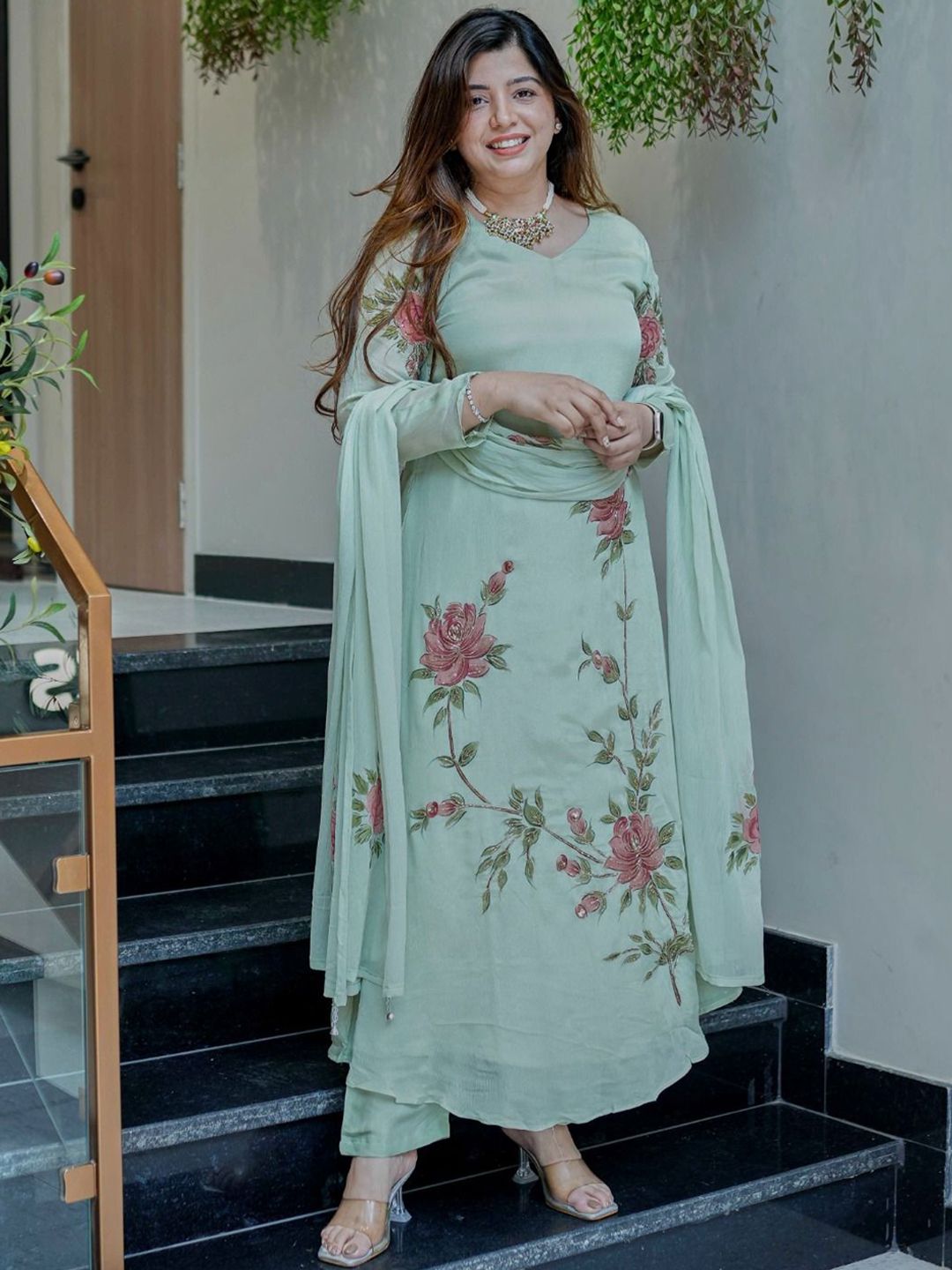 Brand Hill Floral Printed V-Neck A-Line Kurta With Trousers & Dupatta