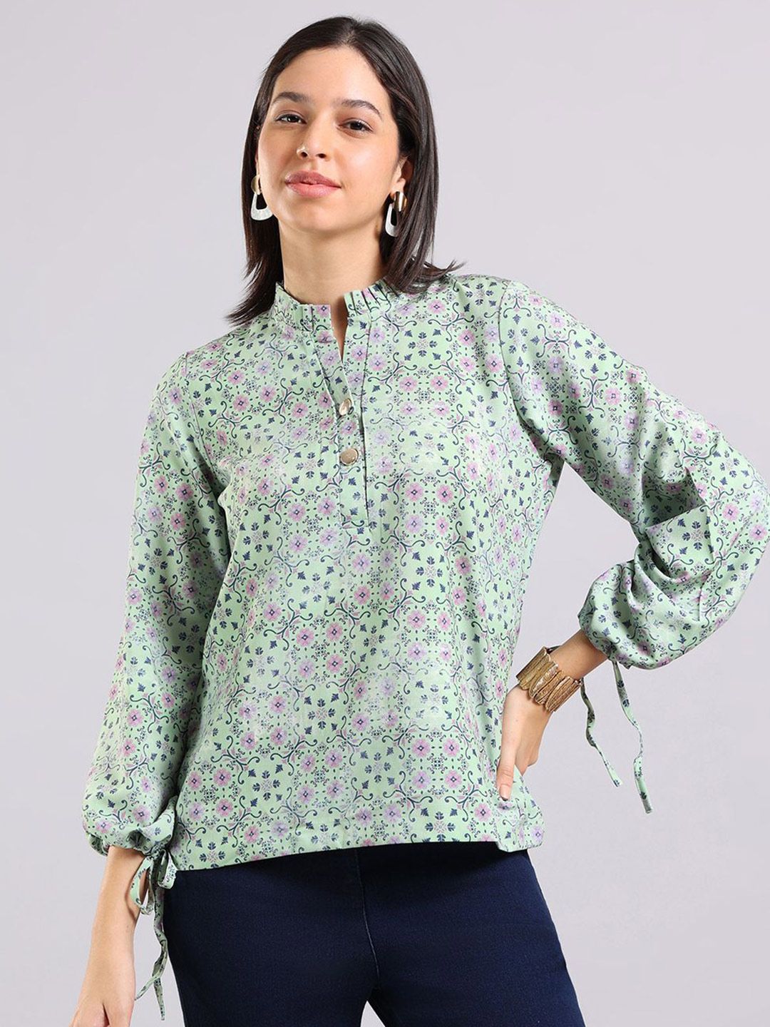 Tamiska By Narendra Kumar Women Floral Printed Mandarin Collar Puff Sleeves Top-picture-39