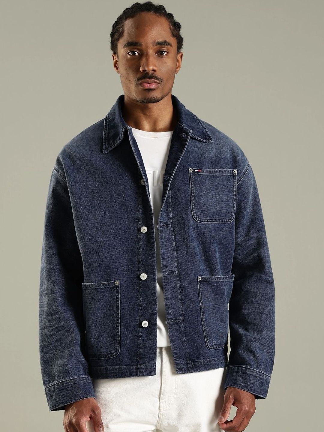 Tommy Hilfiger Men Spread Collar Solid Denim Jacket-image-41
