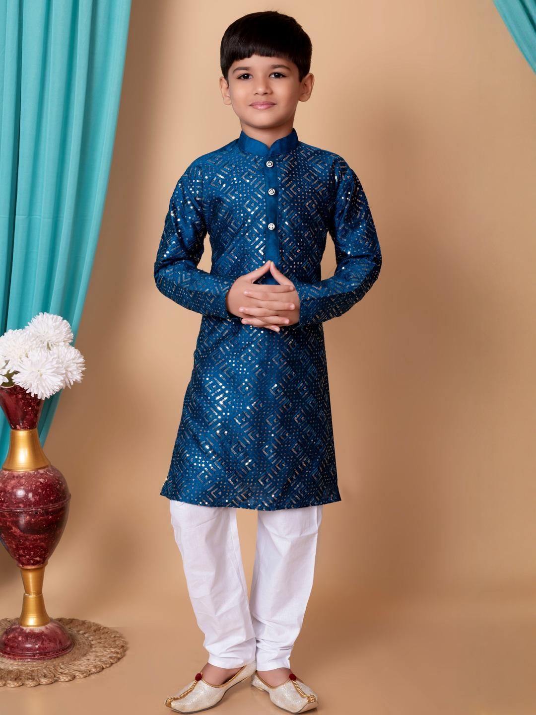 TAKE STYLE Boys Blue Dupion Silk Embroidered Kurta Sets-picture-23
