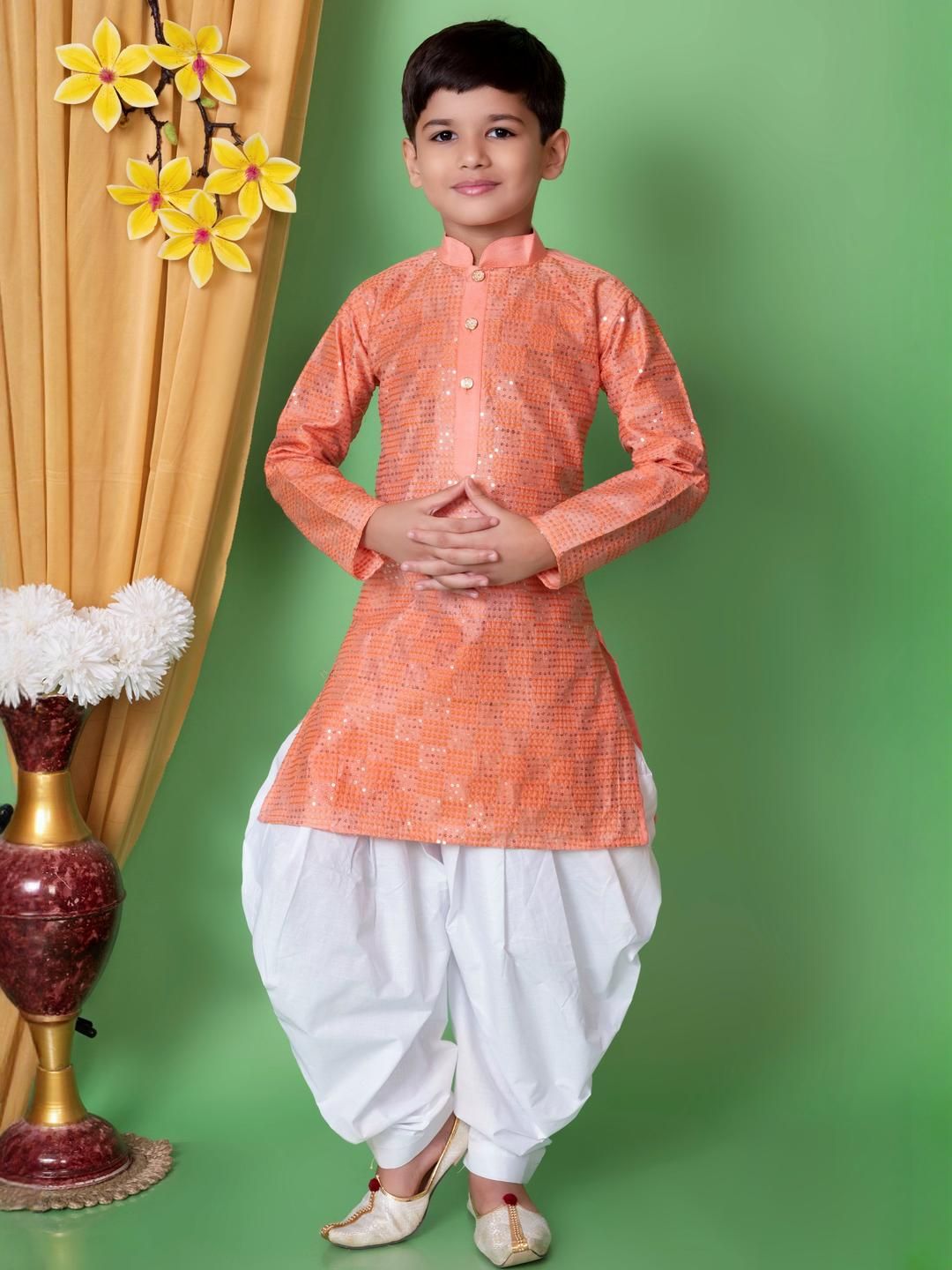 TAKE STYLE Boys Peach Dupion Silk Embroidered Kurta Sets-picture-18