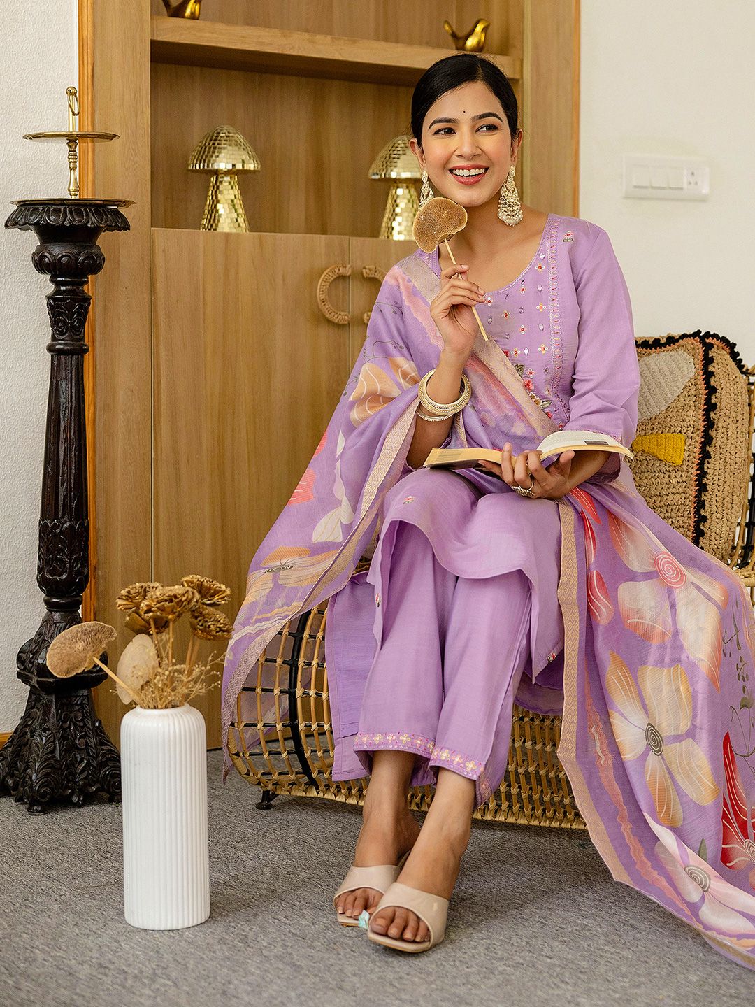 SANISA Women Woven Design Embroidered Kurta with Trousers & Dupatta