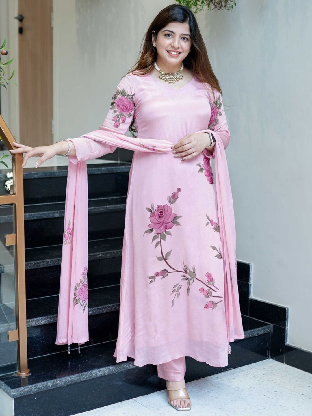 Brand Hill Women Floral Printed Regular Sequinned Silk Chiffon Kurta with Trousers & With Dupatta-picture-25