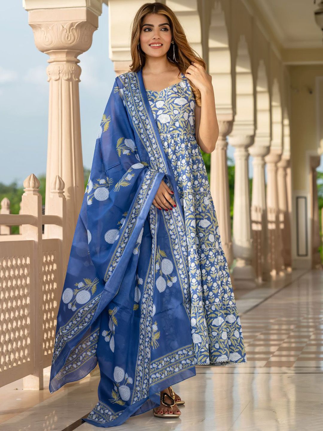 KALINI Floral Printed Gotta Patti Pure Cotton Anarkali Kurta With Trousers & Dupatta