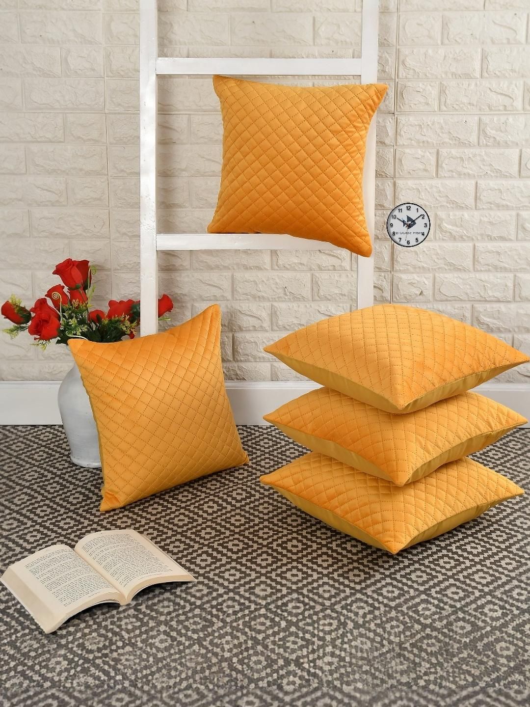 BIGGER FISH Yellow Set of 5 Checked Velvet Rectangle Quilted Cushion Covers-picture-10