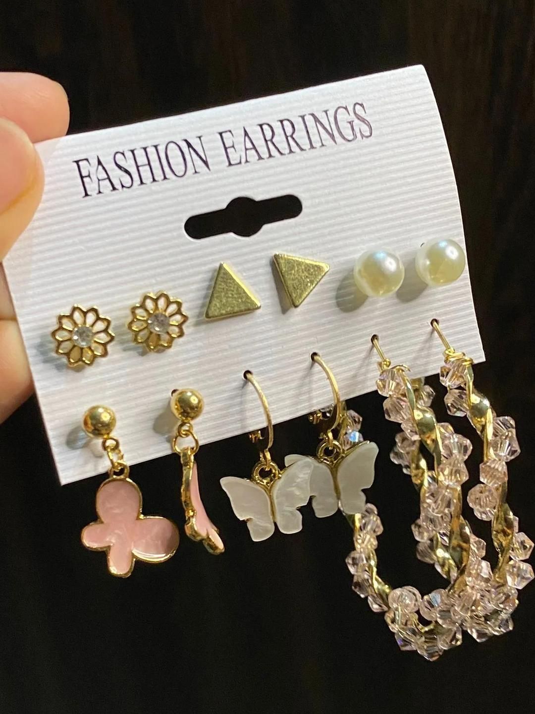 DressBerry Combo of 6 Pair Gold Plated Flower Stud & Butterfly Pearl Hoop Earrings-picture-11