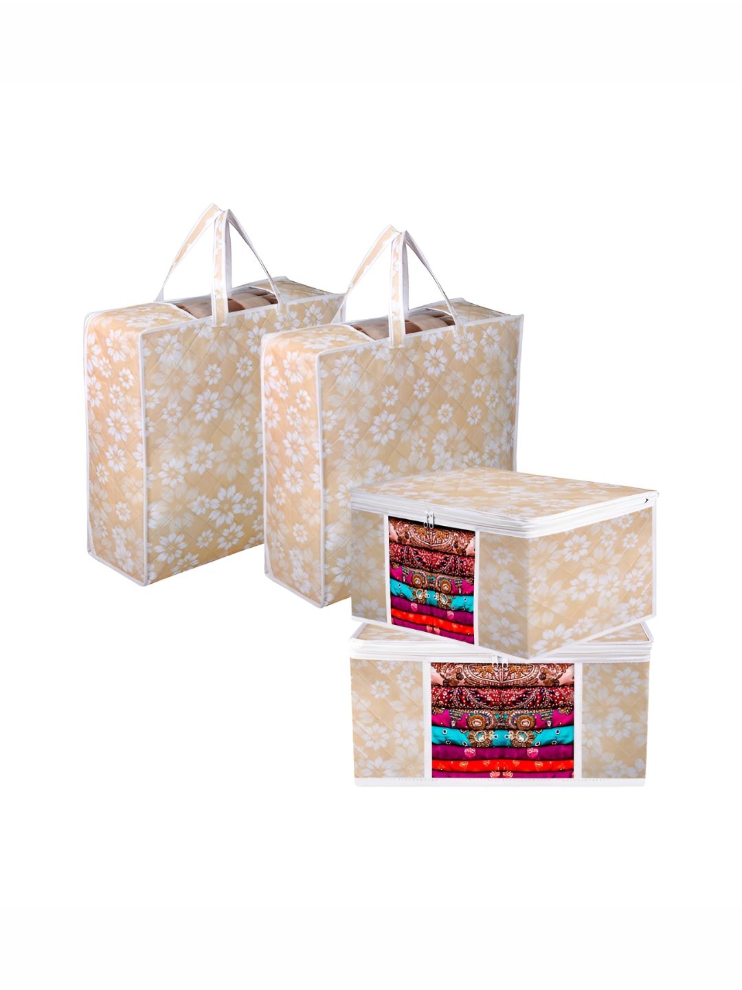 Aura Gold-Toned & White 4 Pieces Printed Blanket & Saree Cover Organisers-picture-12