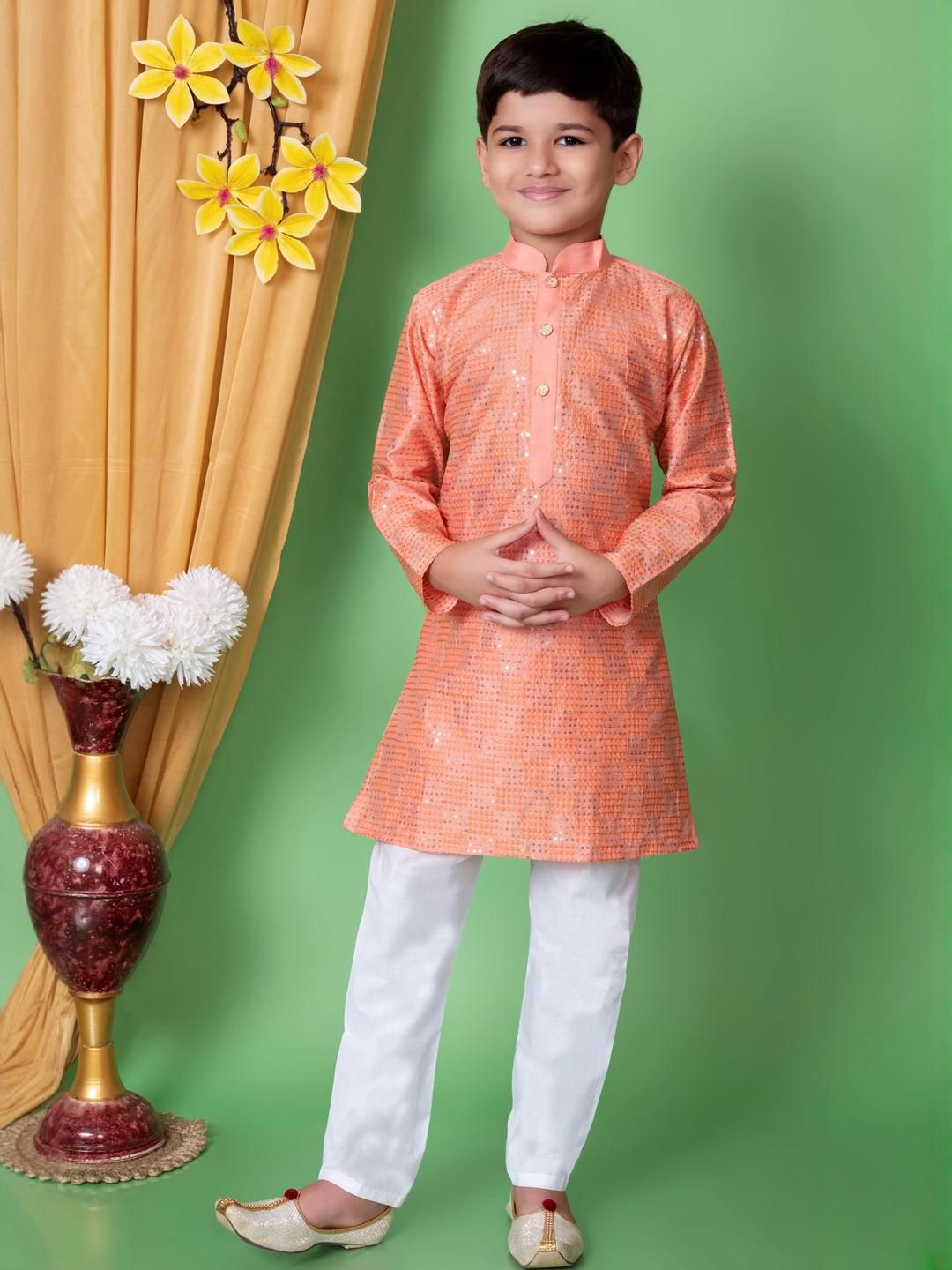 TAKE STYLE Boys Peach Dupion Silk Embroidered Kurta Sets-picture-40
