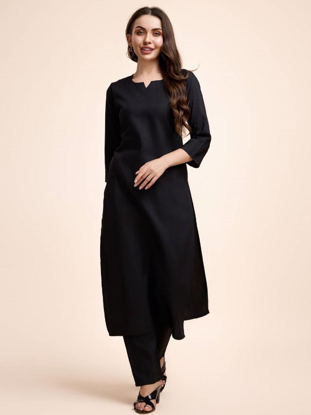 BANJANAN Women Black Solid Cotton Silk Kurta Set-picture-33