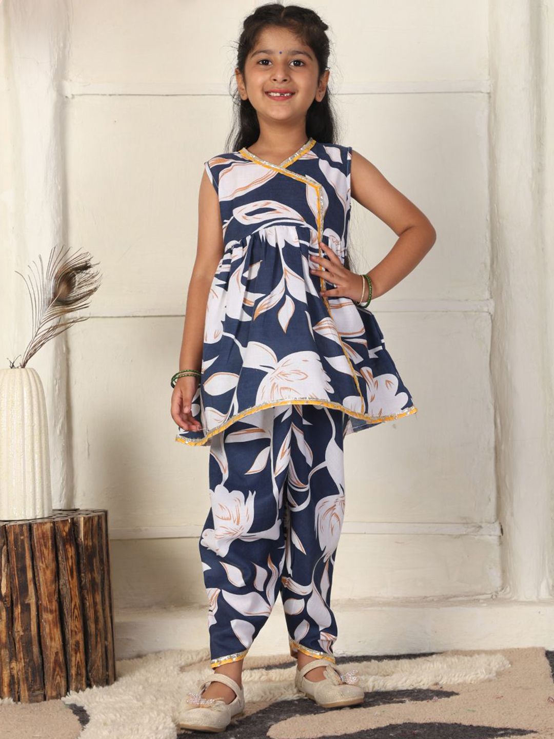 Cutiekins Girls Floral Printed V-Neck Angrakha Gotta Patti Kurta With Dhoti Pants-picture-31