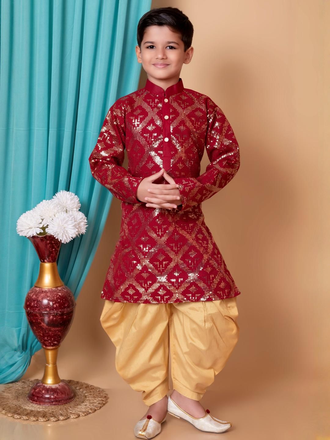 TAKE STYLE Boys Maroon Dupion Silk Embroidered Kurta Sets-picture-41