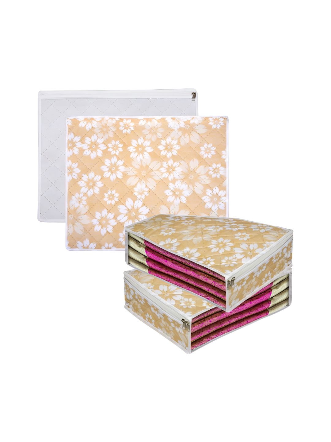 Aura Gold-Toned & White 4 Pieces Printed Blouse & Saree Cover Organisers-picture-10