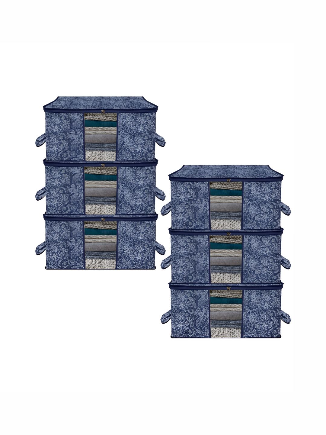 Aura Navy Blue & White 6 Pieces Printed Underbed Storage Bag Organisers-picture-34