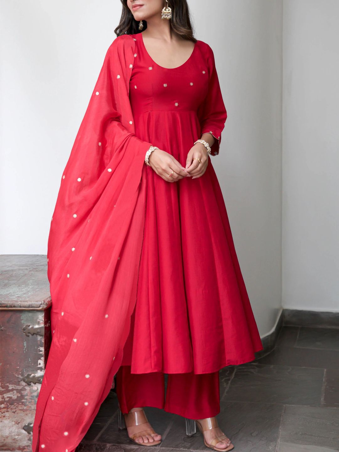 GoSriKi Anarkali Kurta Dupatta & Plazzo-set voor dames, puur katoen
