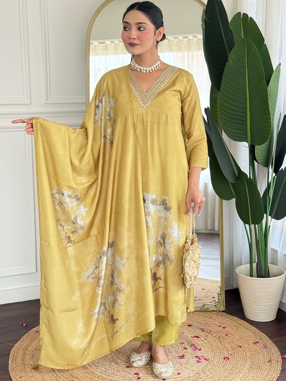 Lilots Women Ethnic Motifs Embroidered V-Neck Straight Kurta with Trousers & Dupatta
