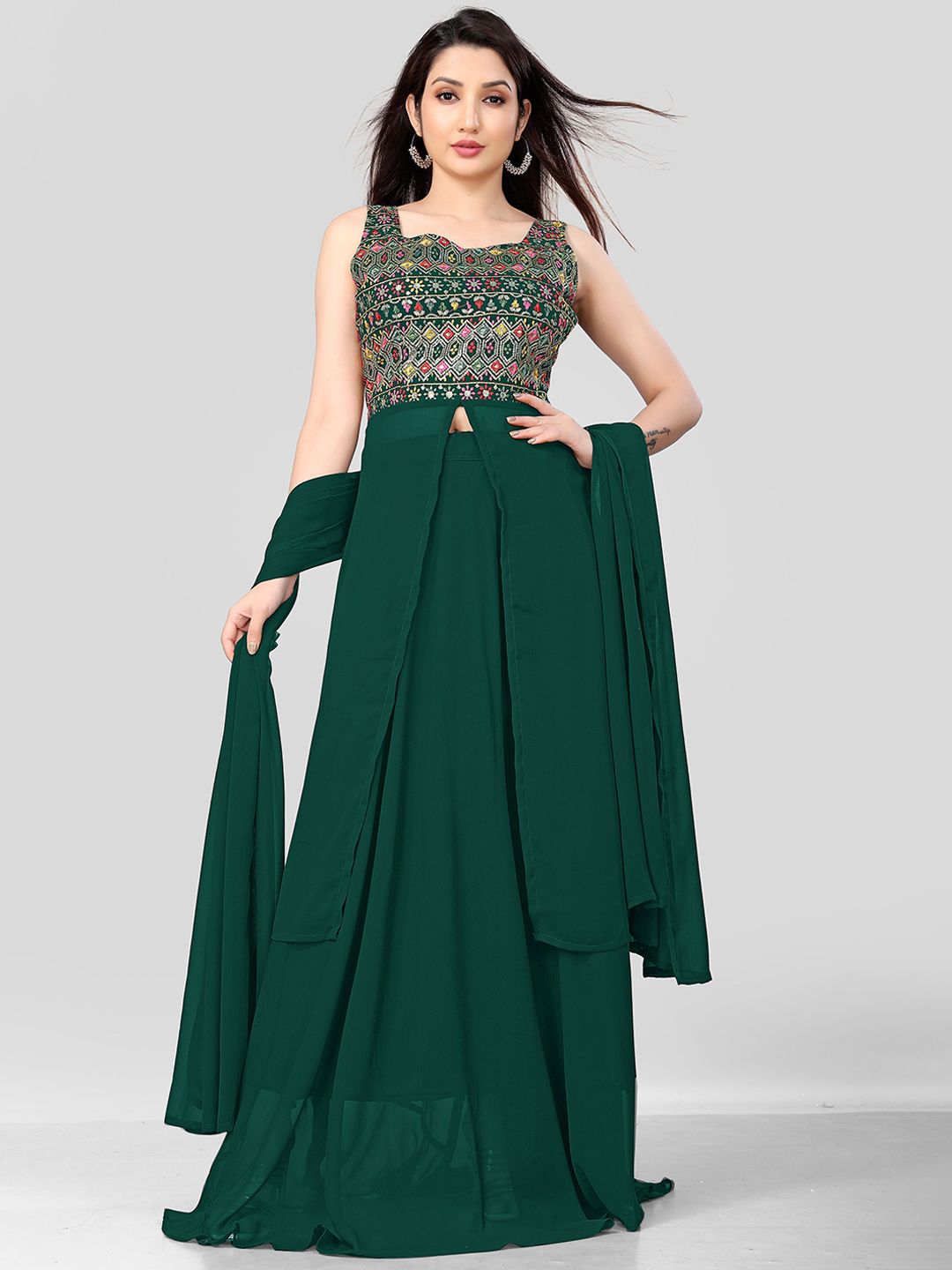 Pantos Women Floral Embroidered Kurta with Skirt & Dupatta