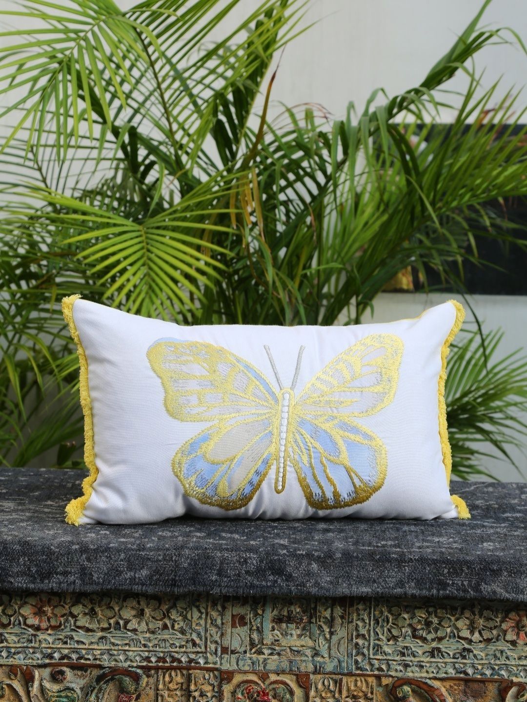 Revive Home White & Yellow Graphic Printed Rectangle Cotton Cushion Cover-picture-13