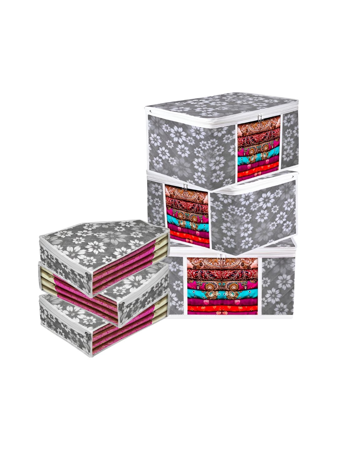 Aura Grey & White 6 Pieces Floral Printed Multi-Utility Organisers-picture-14