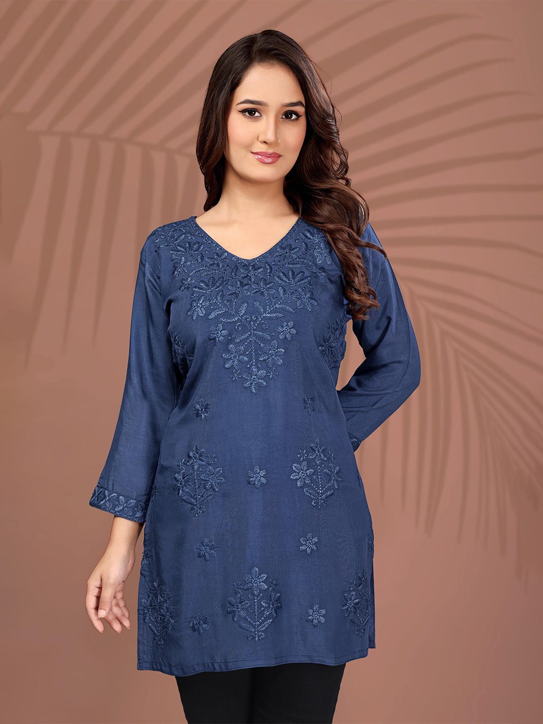 RUDRA LIFESTYLE Women Floral Embroidered V-Neck Chikankari Kurti-picture-22