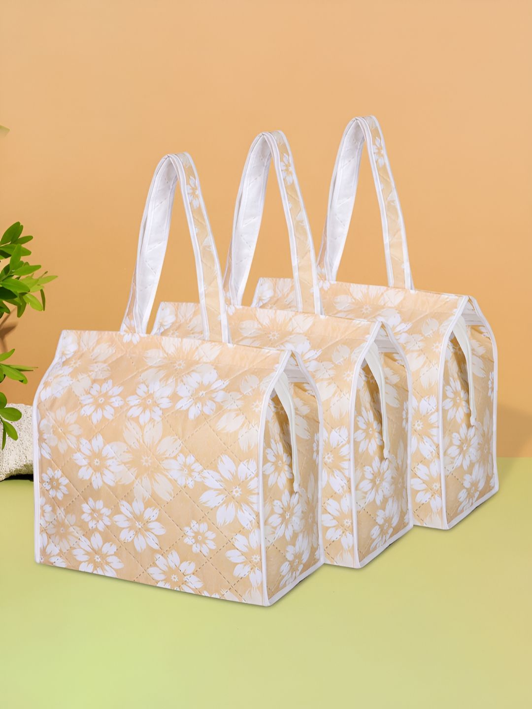 Aura Gold-Toned & White 3 Pieces Printed Shopping Bags With Handle-picture-26