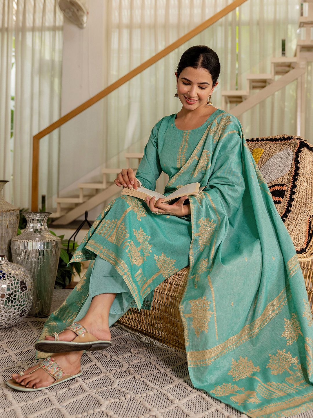 SANISA Floral Woven Design Round Neck Pure Cotton Straight Kurta With Trousers & Dupatta