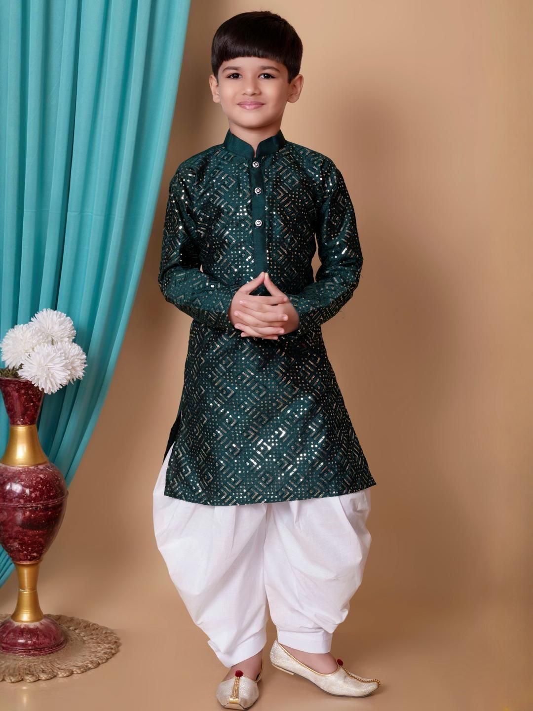 TAKE STYLE Boys Green Dupion Silk Embroidered Kurta Sets-picture-36