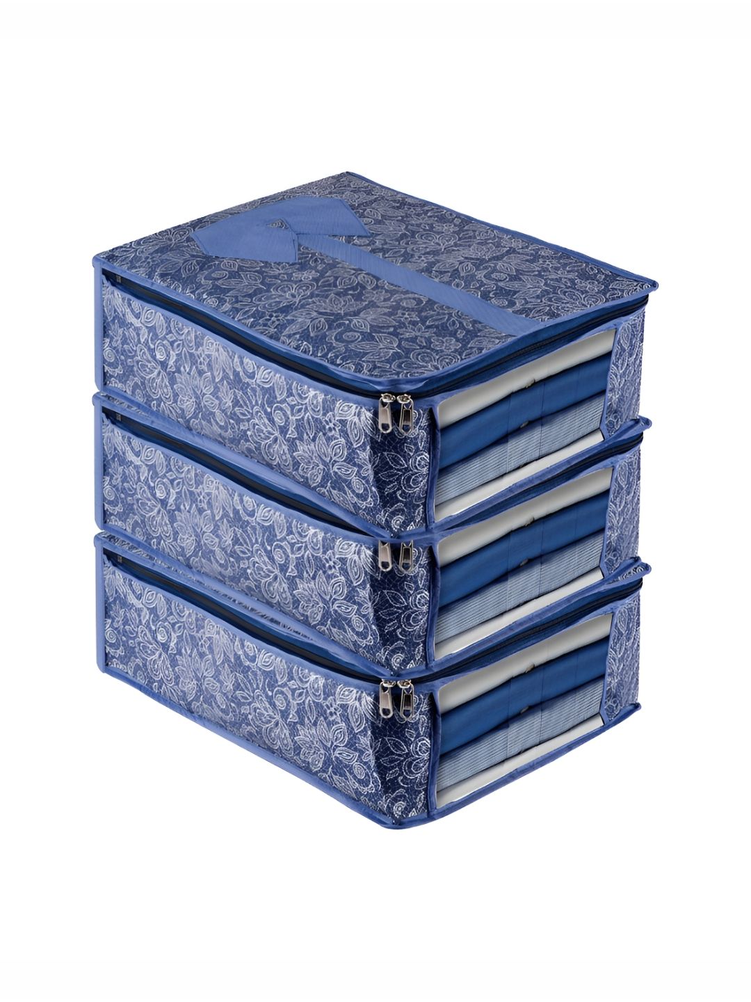 Aura Navy Blue & White 3 Pieces Floral Printed Multi-Utility Organisers-picture-24