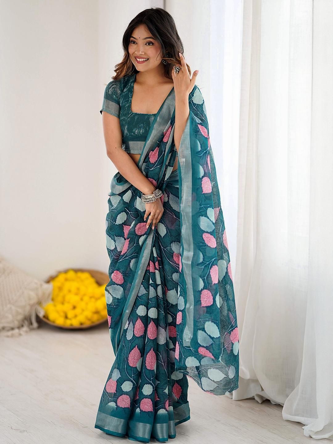 KALINI Blue Linen Blend Printed Sarees-picture-36