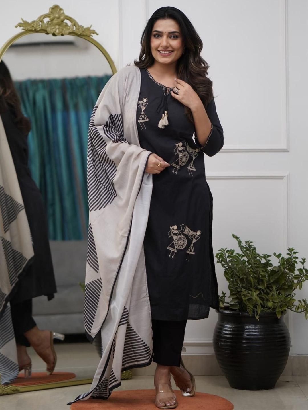 KALINI Women Black Pure Silk Round Neck Straight Embroidery Kurta Sets