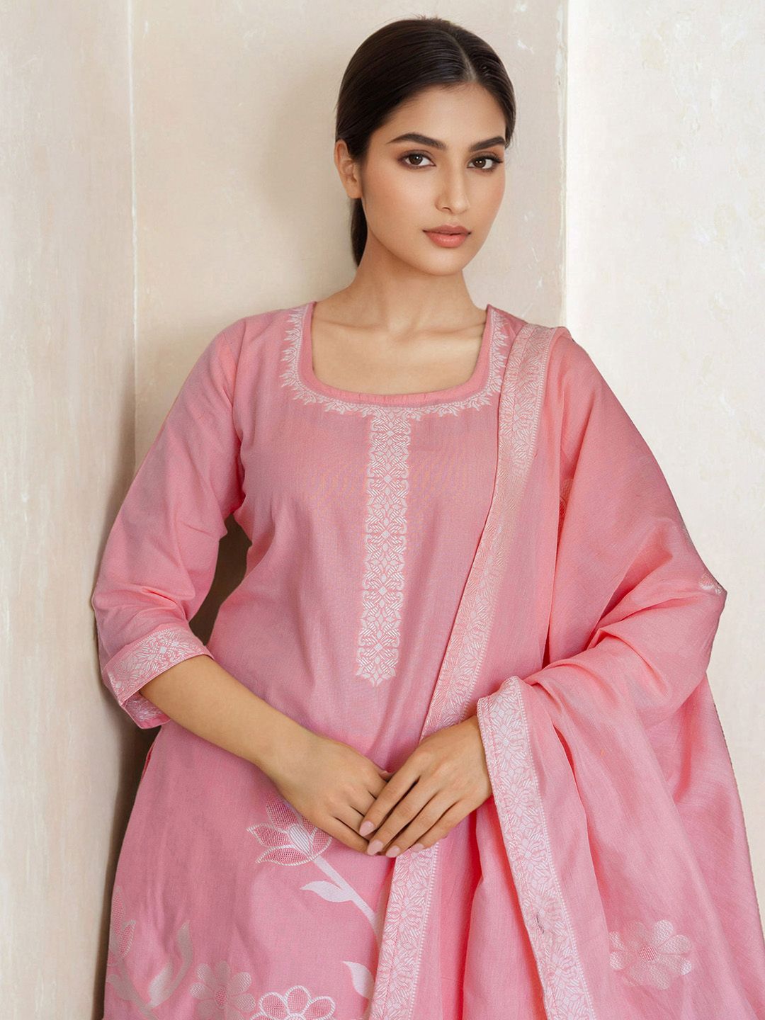 Skylee Pop Women Pure Cotton Woven Design Straight Kurta Trousers With Dupatta