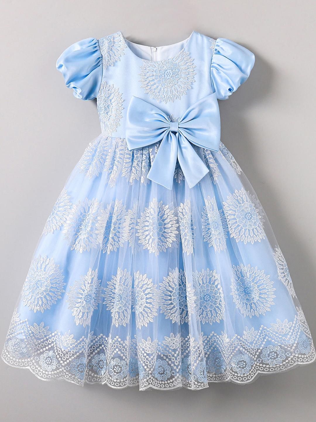 Hopscotch Girls Floral Embroidered Bow Details Puff Sleeve Midi Dress