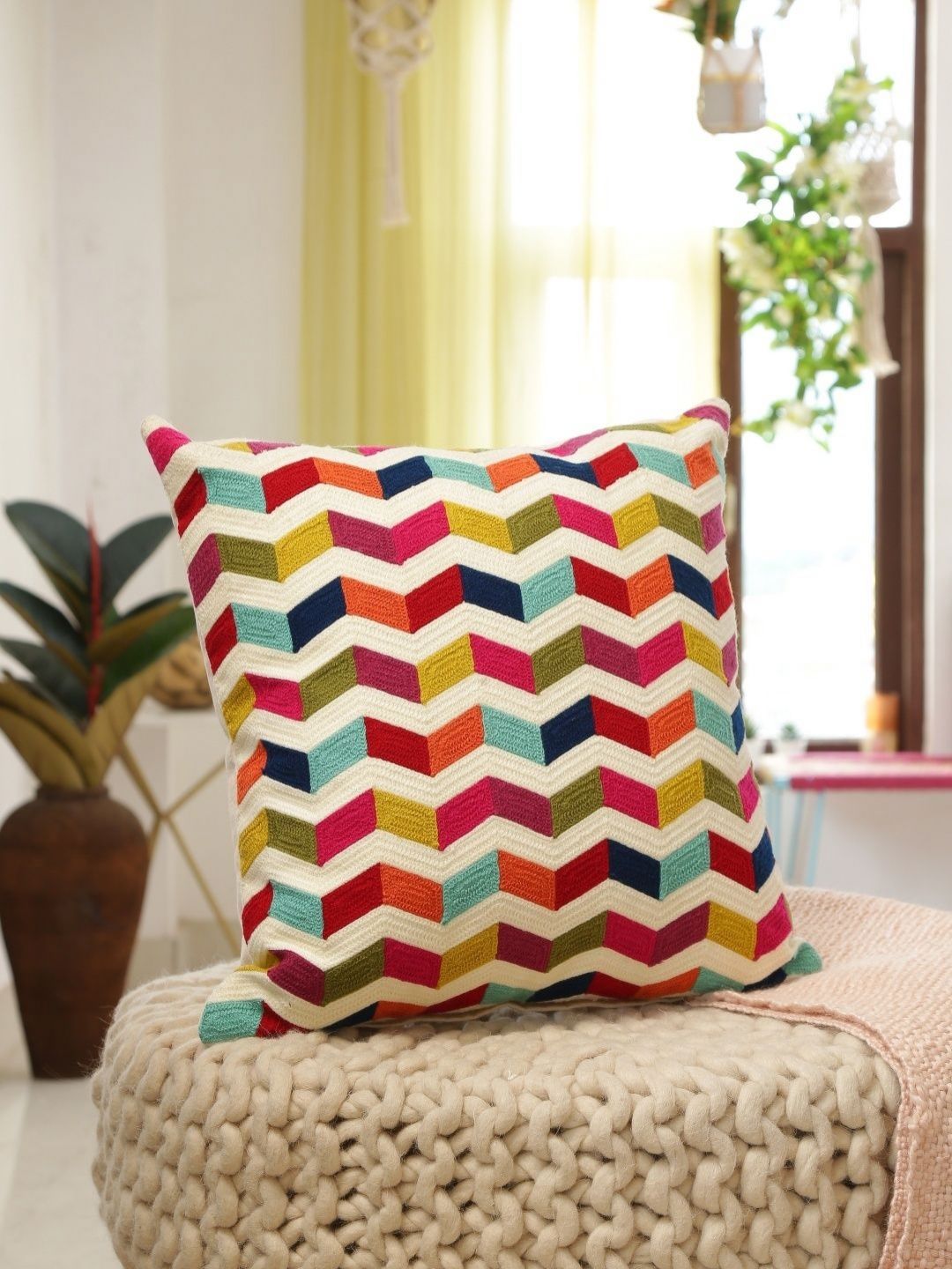 Revive Home White & Red Chevron Embroidered Cotton Square Cushion Cover-picture-30