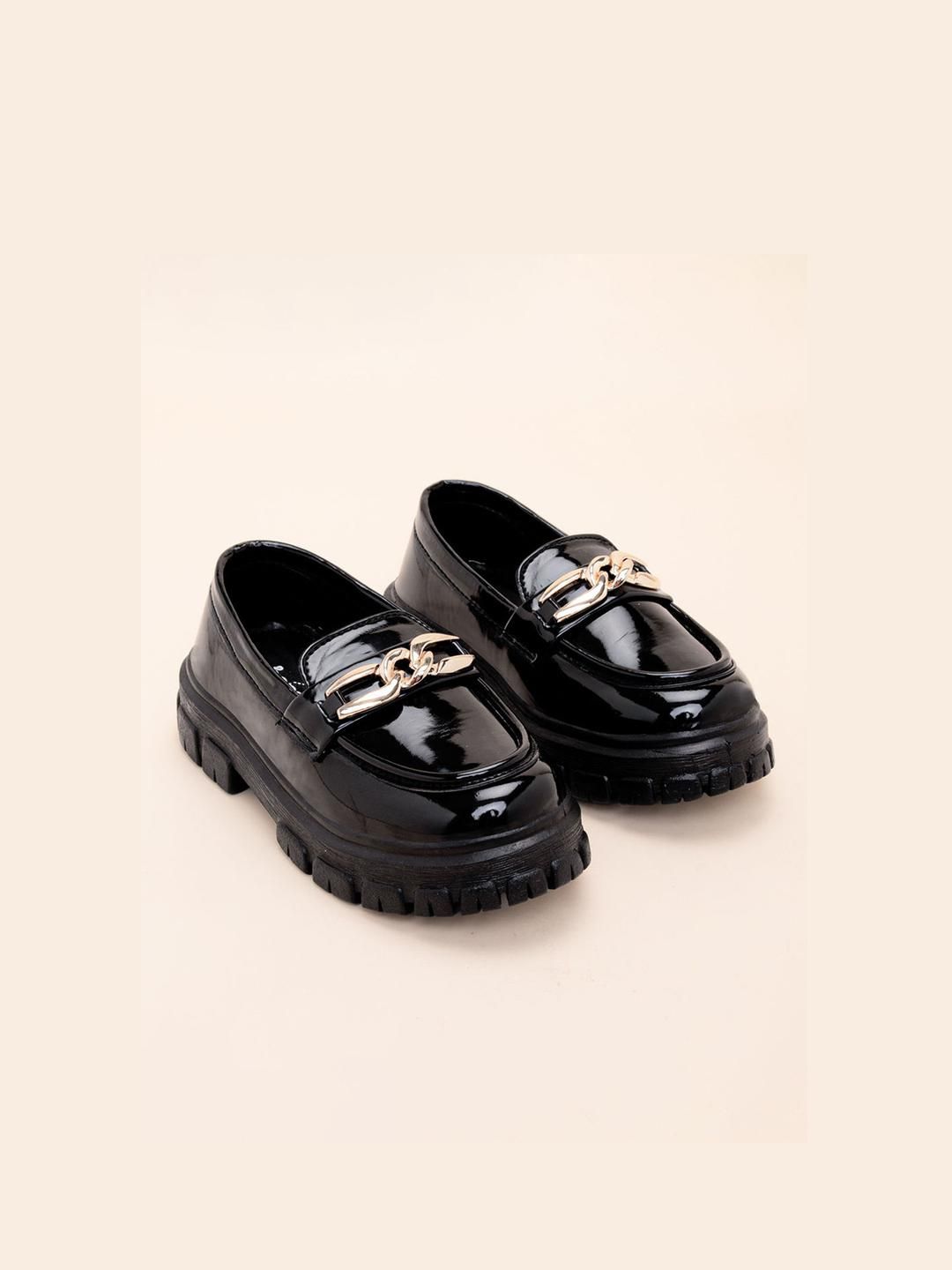 Hopscotch Girls Black Round Toe Buckle Embellished Slip On PU Loafers-picture-36