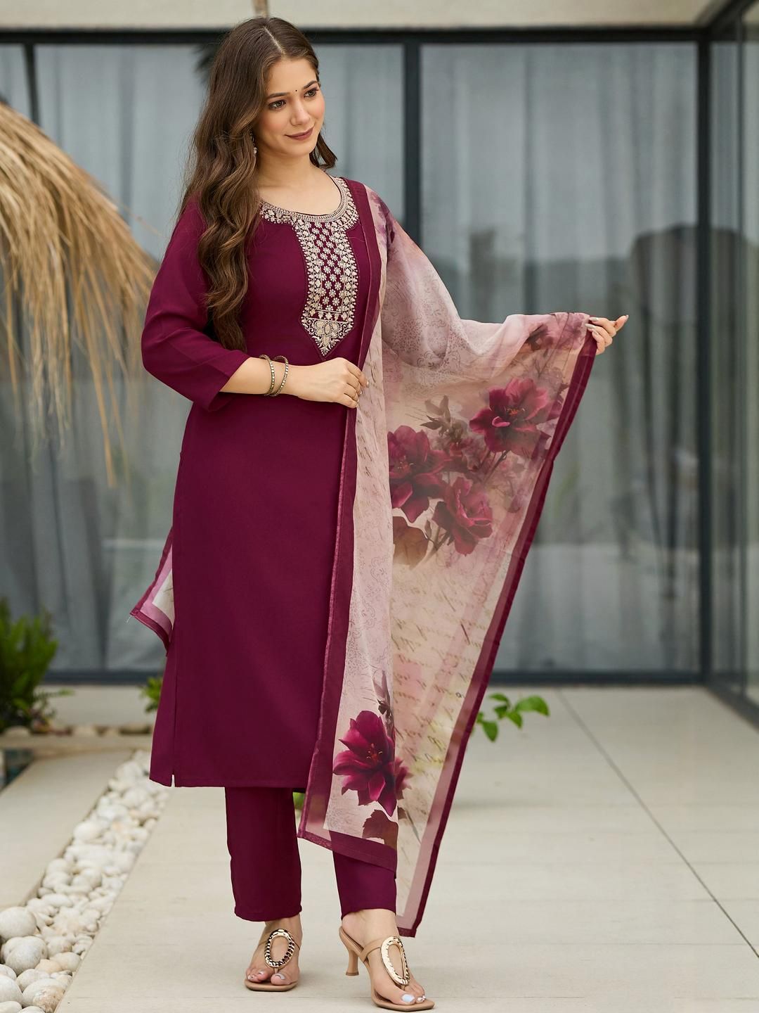 KALINI Women Maroon Viscose Rayon Yoke Design Kurta Sets-picture-18