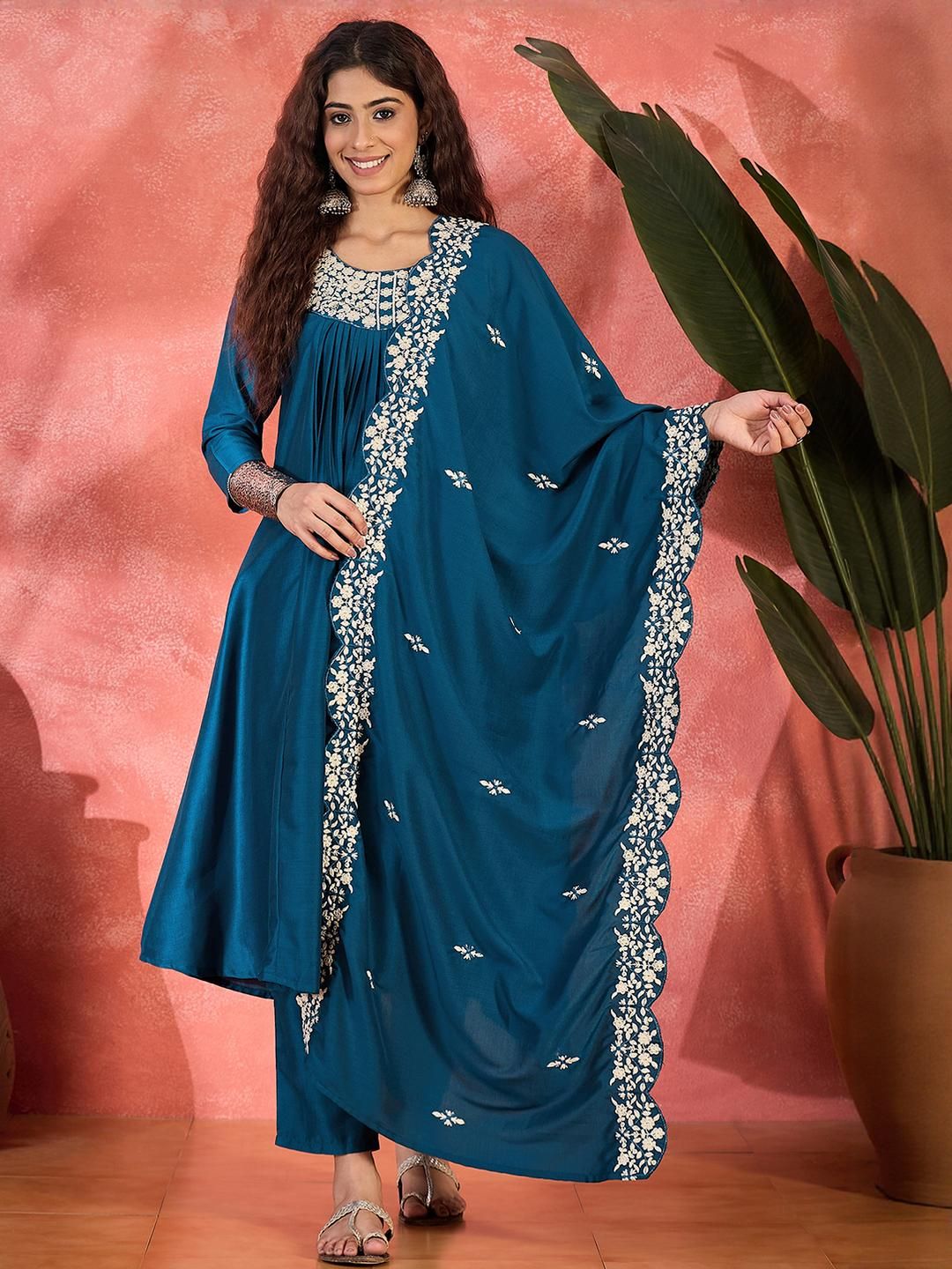 Sangria Women Morpich Chinon Silk Embroidered Kurta with Trousers & With Dupatta