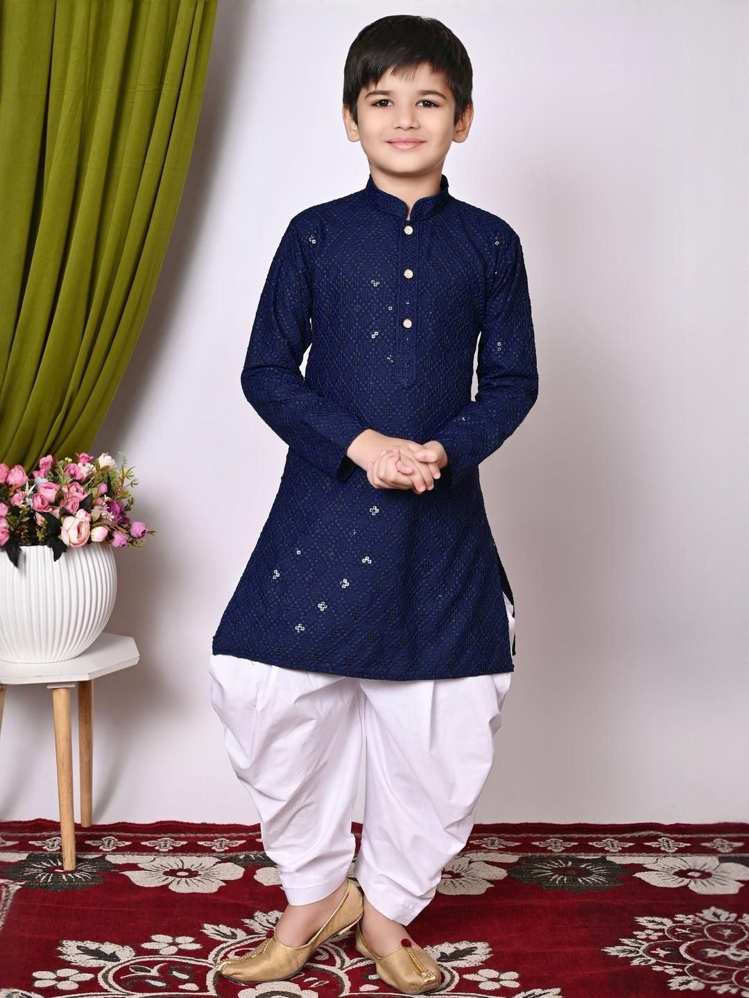 TAKE STYLE Boys Navy Blue Cotton Blend Embroidered Kurta Sets-picture-33