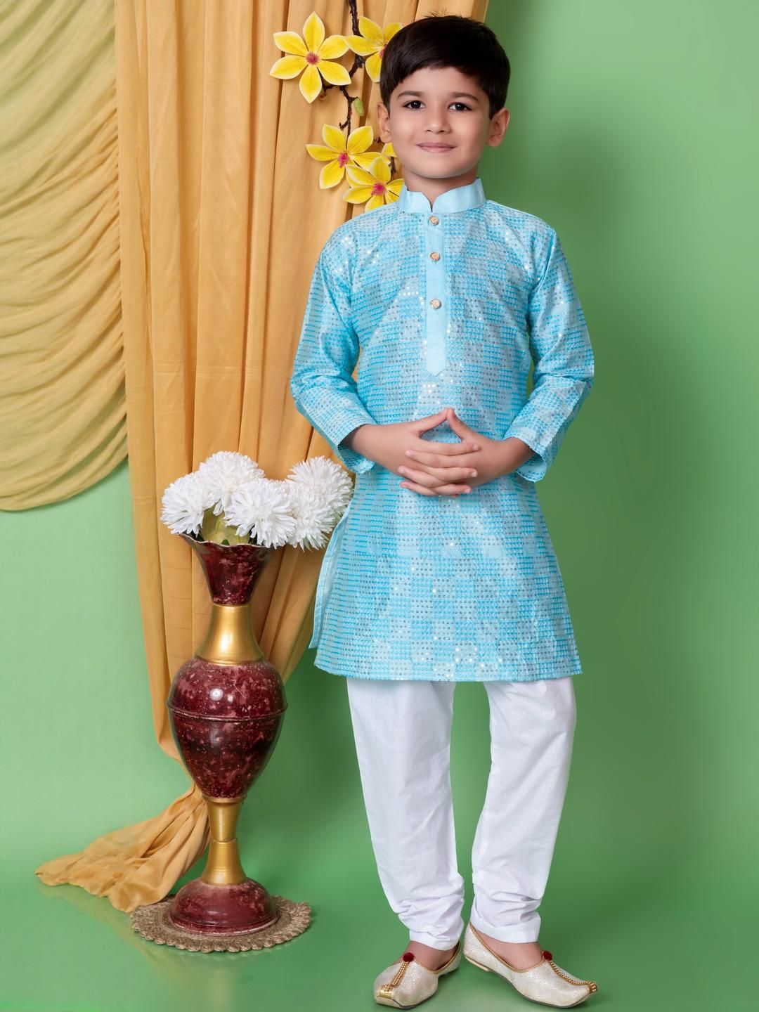 TAKE STYLE Boys Turquoise Blue Dupion Silk Embroidered Kurta Sets-picture-50